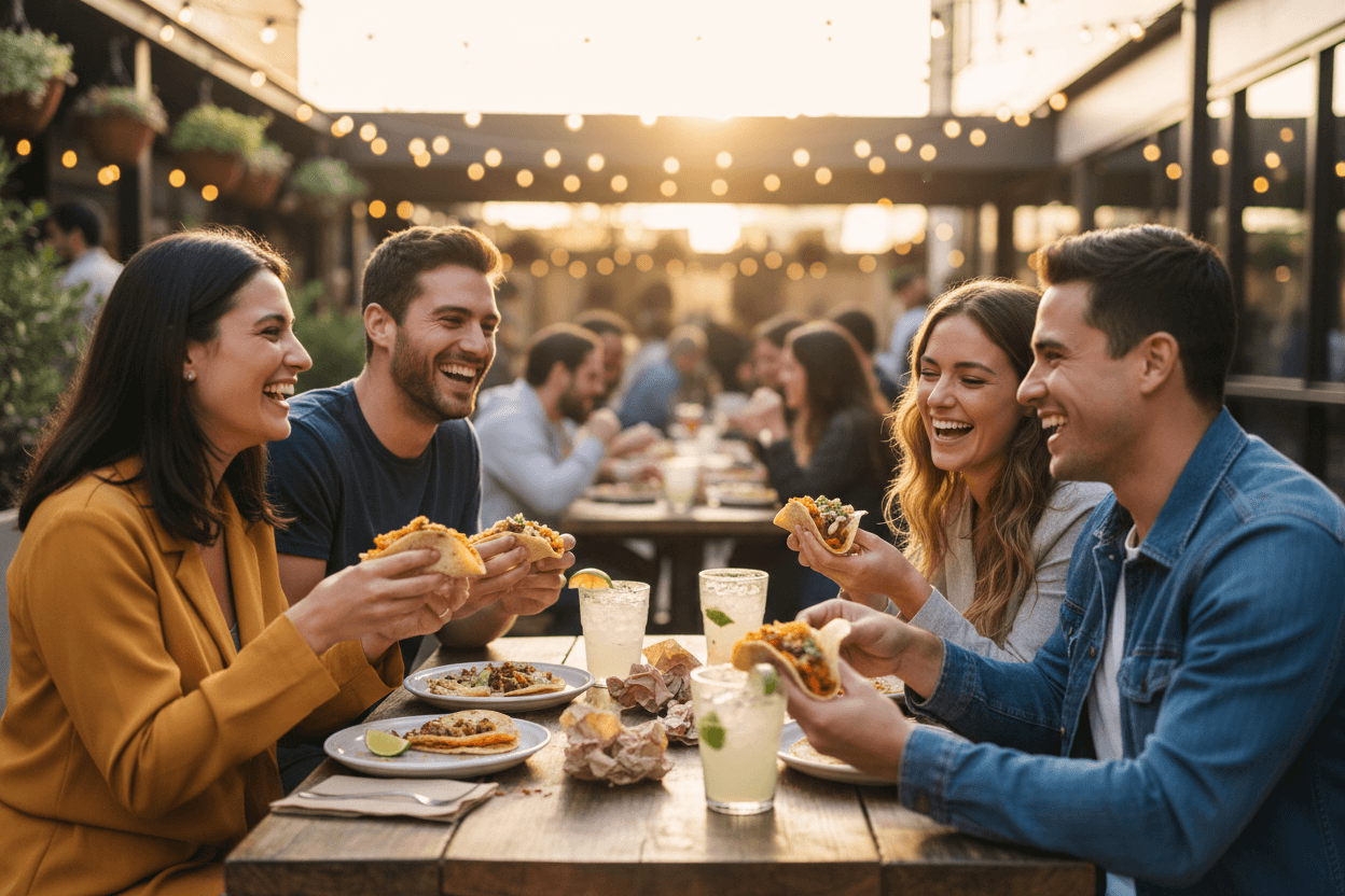 Happy customers enjoying tacos