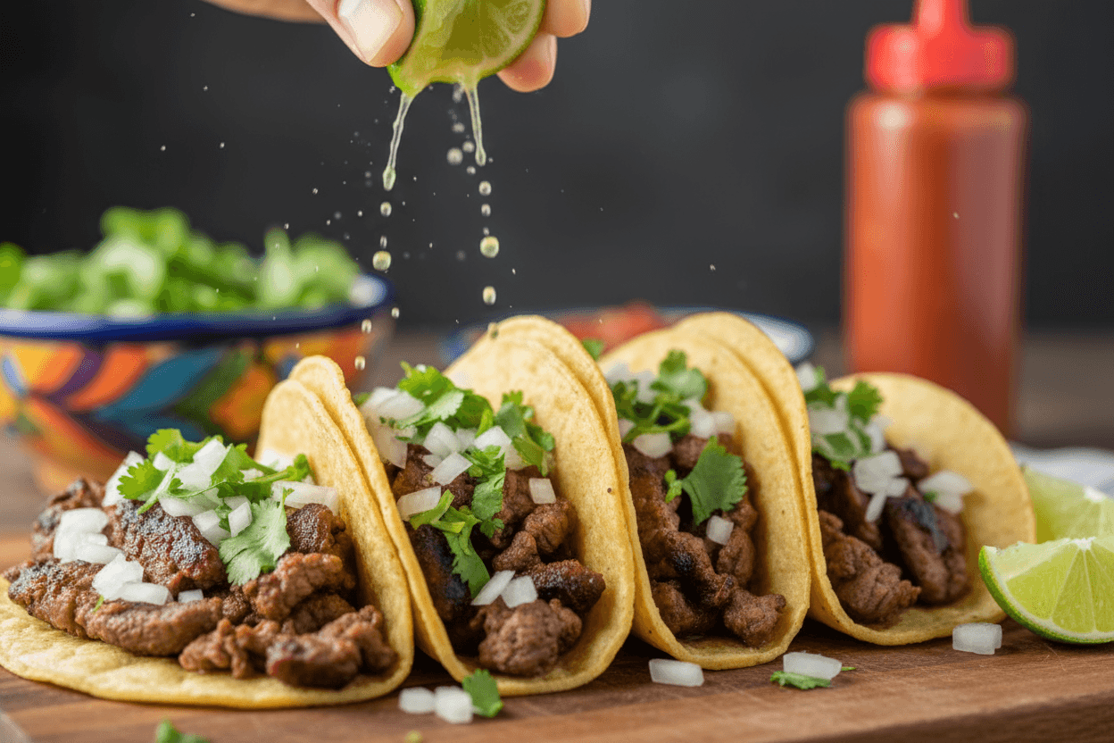 Fresh lime being squeezed over tacos