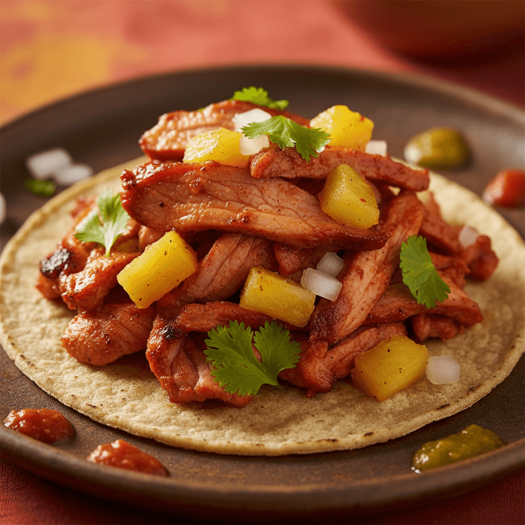 Al pastor taco with marinated pork and pineapple