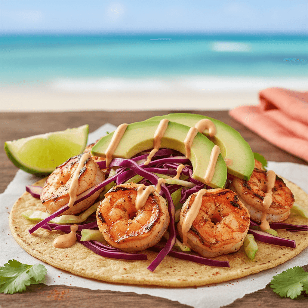 Grilled shrimp taco with avocado and chipotle mayo