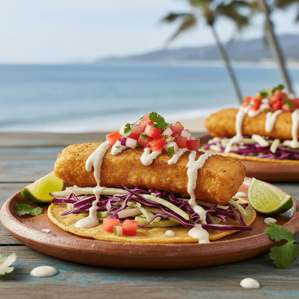 Baja-style fish taco with crispy fish and cabbage slaw